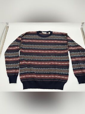 Vintage Lord & Taylor Mens L 100% Merino Wool Fair Isle Sweater Made In Italy